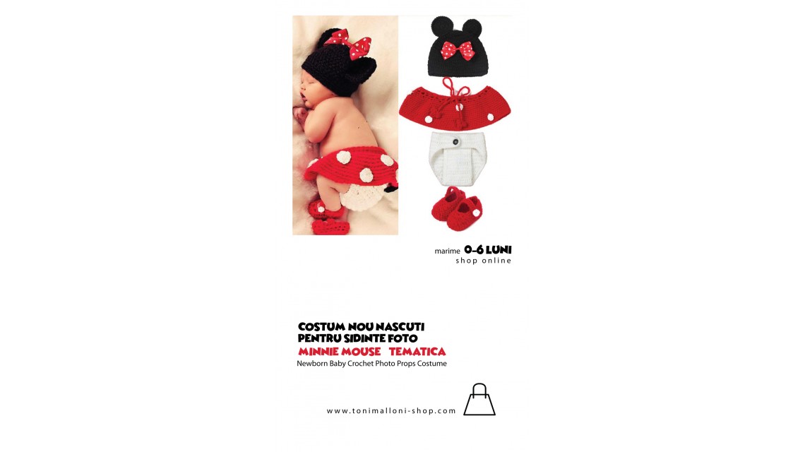 Costum crosetat pentru nou nascuti, rosu, tematica Disney Minnie Mouse "Cute" 2